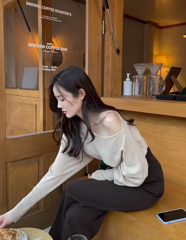 Beige One-Shoulder Sweater
