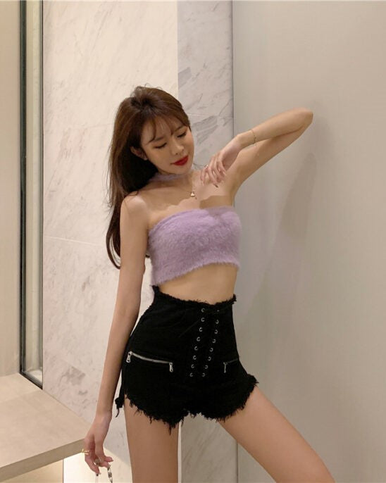 Black Lace-Up Zipper Shorts