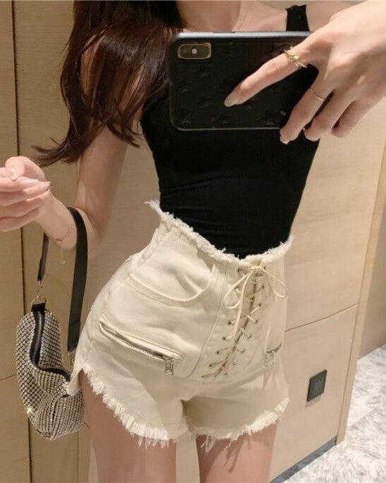 Black Lace-Up Zipper Shorts