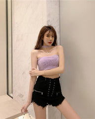 Black Lace-Up Zipper Shorts