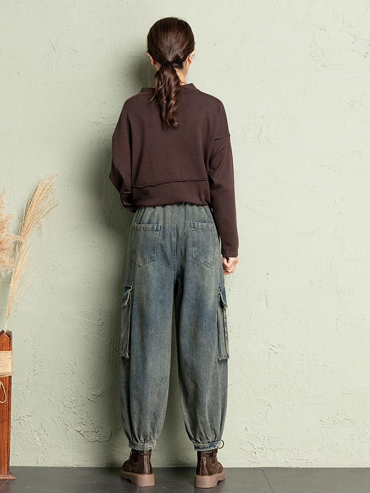 Blue Acid-Washed Cargo Jeans