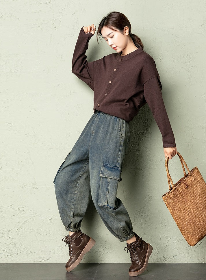Blue Acid-Washed Cargo Jeans