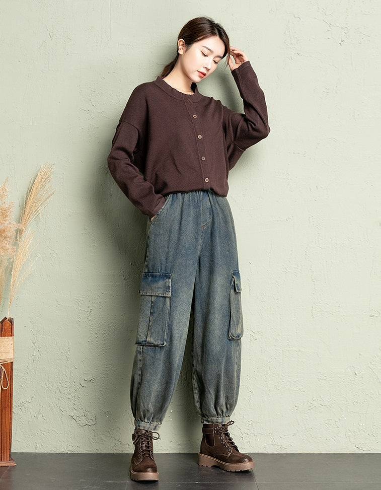 Blue Acid-Washed Cargo Jeans
