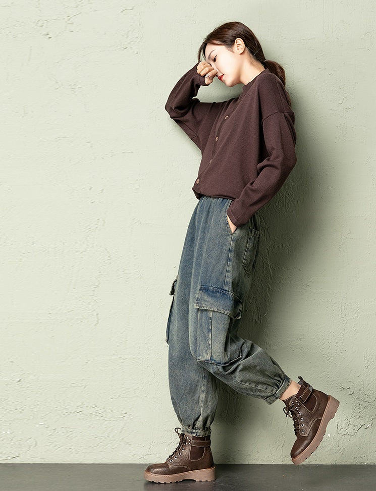 Blue Acid-Washed Cargo Jeans