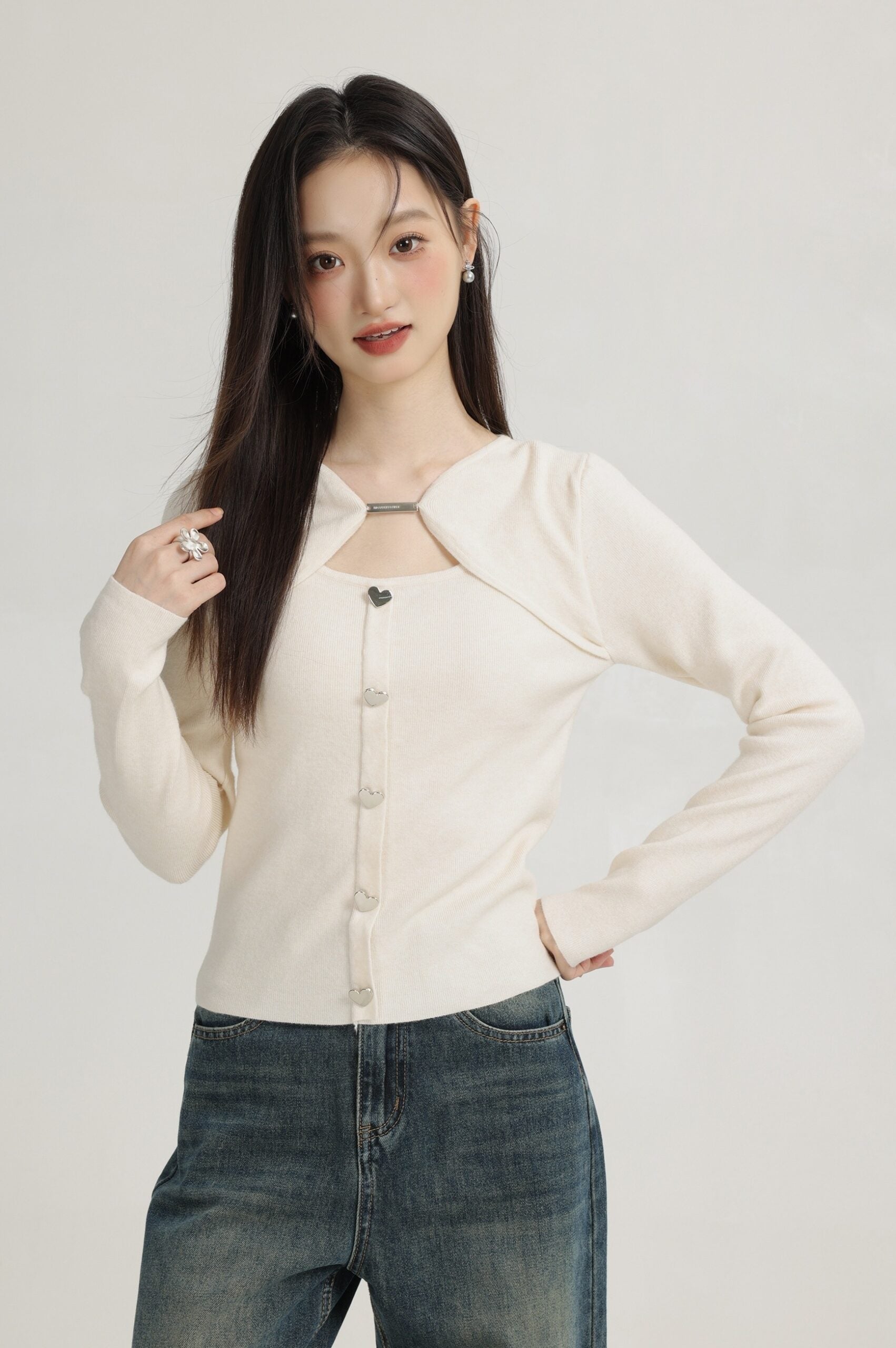 Apircot Hollow Knit Sweater With Heart Buttons
