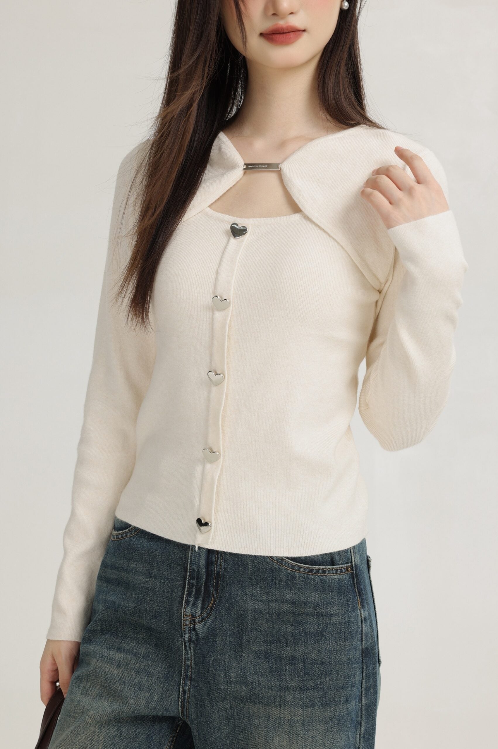 Apircot Hollow Knit Sweater With Heart Buttons