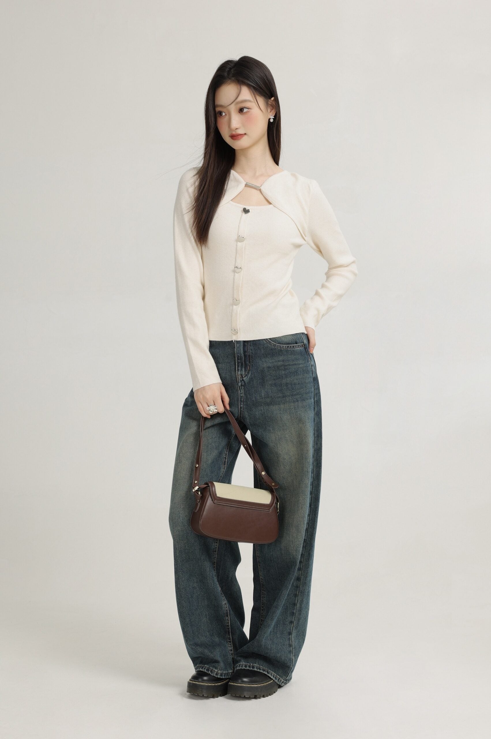 Apircot Hollow Knit Sweater With Heart Buttons