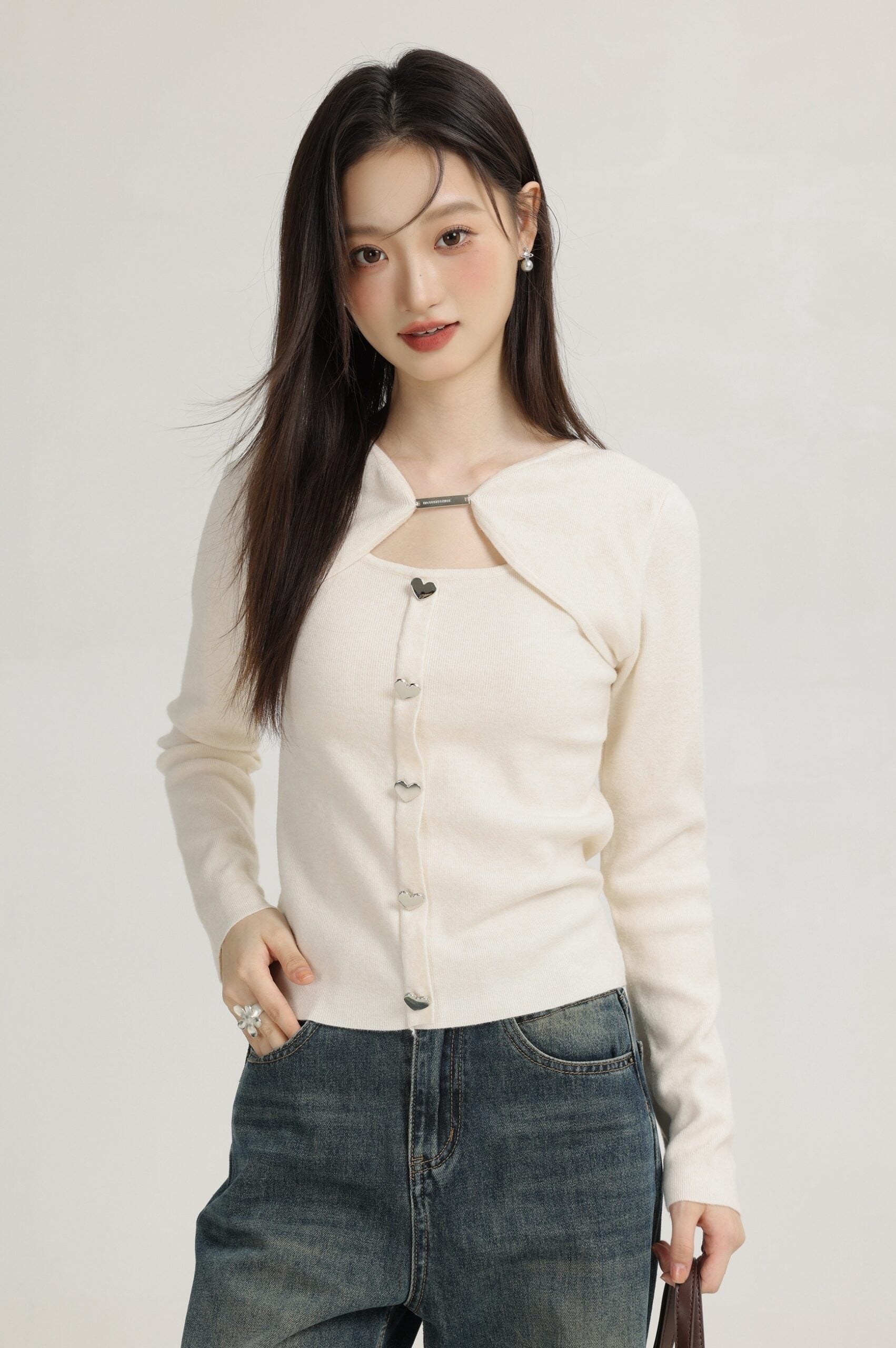 Apircot Hollow Knit Sweater With Heart Buttons