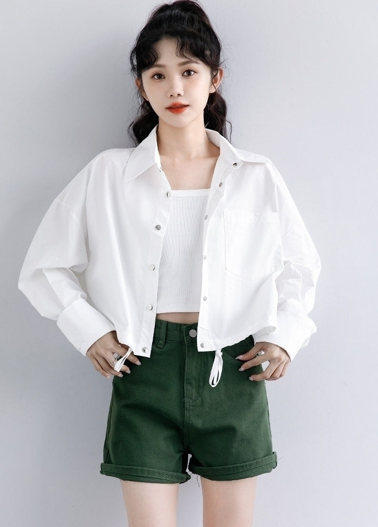 Spring Casual White Shirt Jacket Loose Cropped Long Sleeve