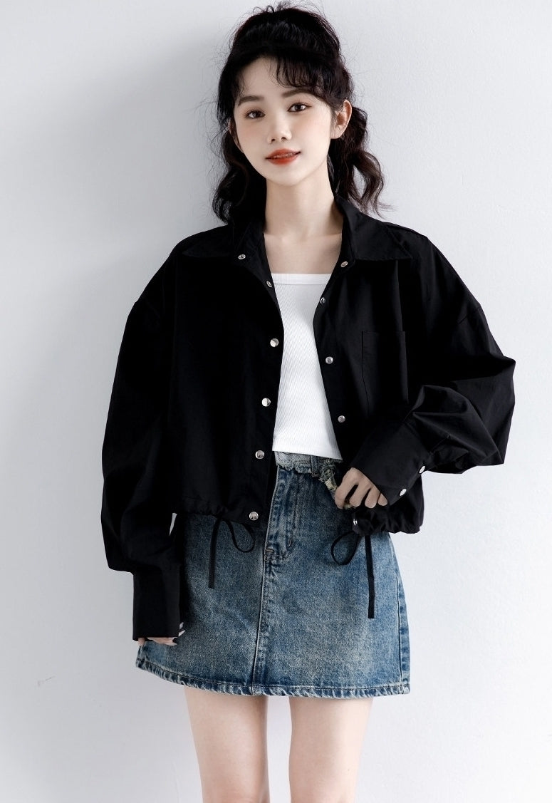 Spring Casual White Shirt Jacket Loose Cropped Long Sleeve