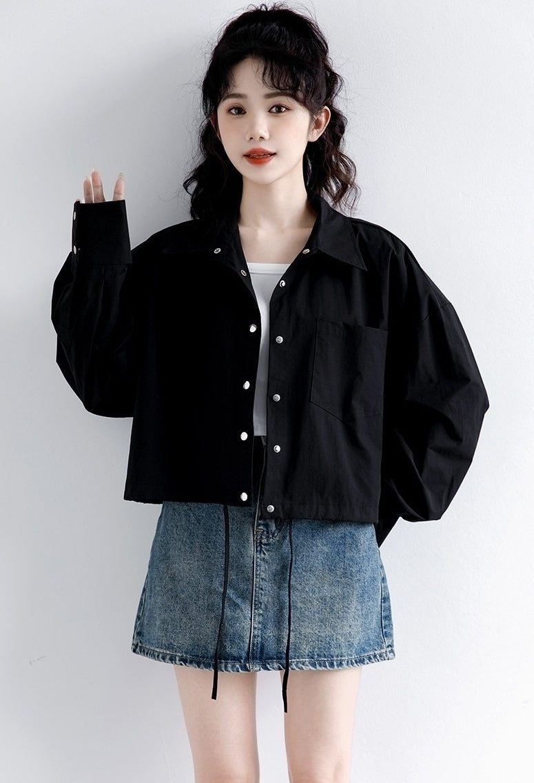 Spring Casual White Shirt Jacket Loose Cropped Long Sleeve