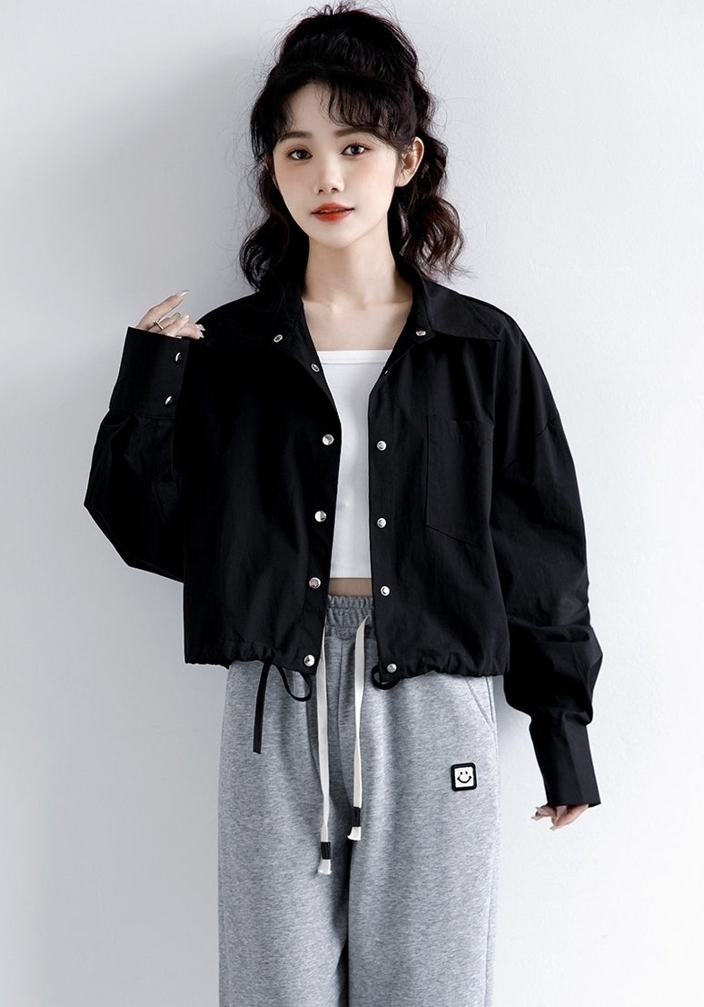 Spring Casual White Shirt Jacket Loose Cropped Long Sleeve
