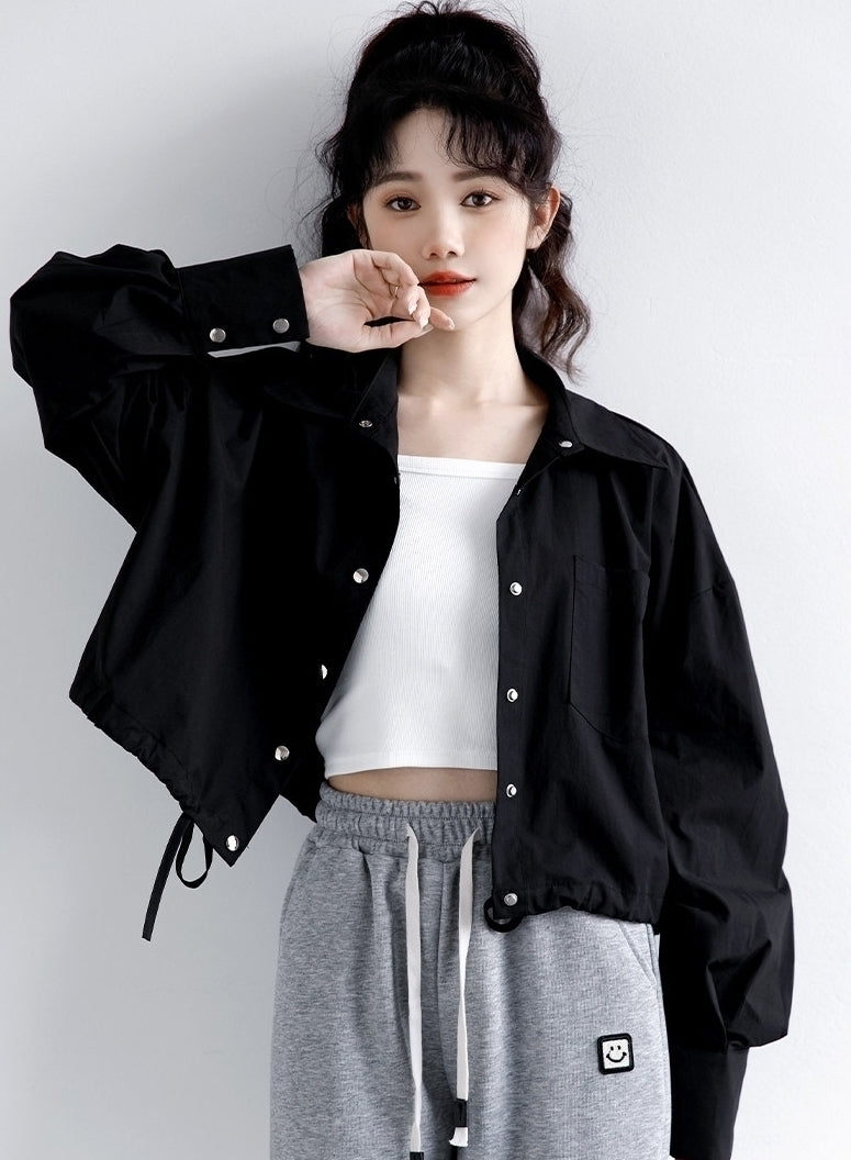 Spring Casual White Shirt Jacket Loose Cropped Long Sleeve