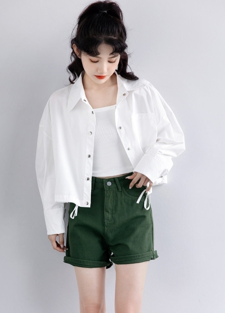 Spring Casual White Shirt Jacket Loose Cropped Long Sleeve