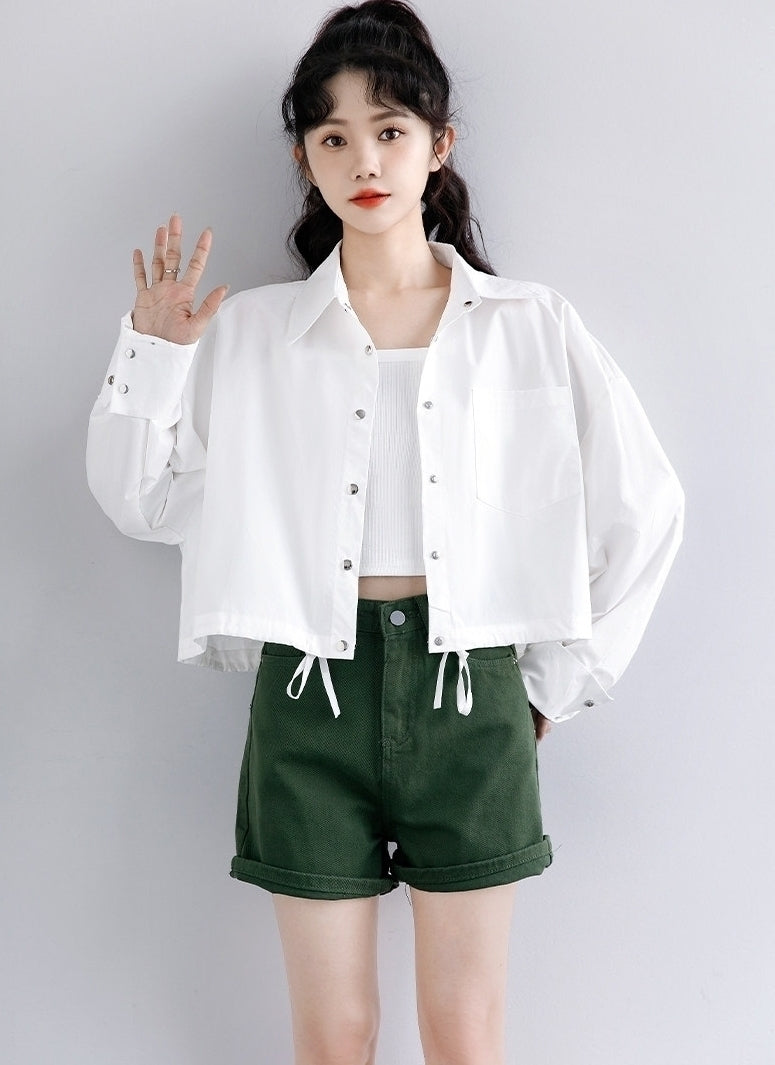 Spring Casual White Shirt Jacket Loose Cropped Long Sleeve