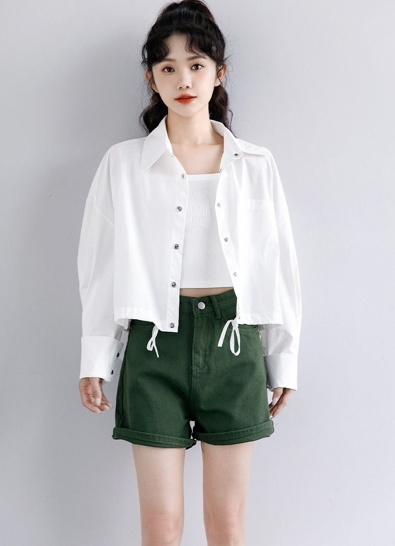 Spring Casual White Shirt Jacket Loose Cropped Long Sleeve