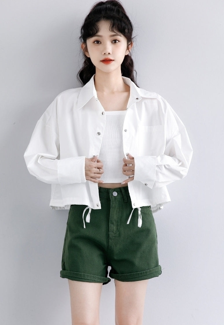 Spring Casual White Shirt Jacket Loose Cropped Long Sleeve