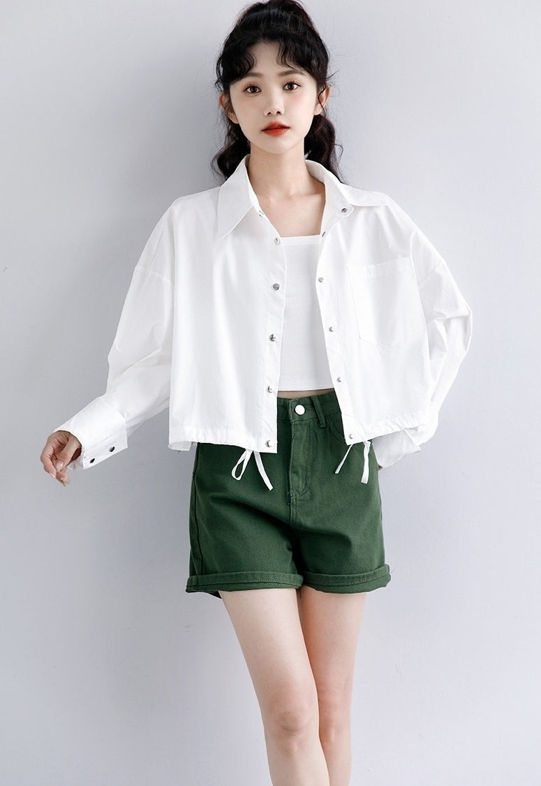 Spring Casual White Shirt Jacket Loose Cropped Long Sleeve