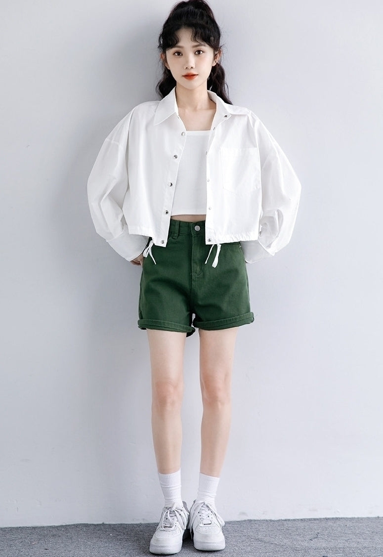 Spring Casual White Shirt Jacket Loose Cropped Long Sleeve