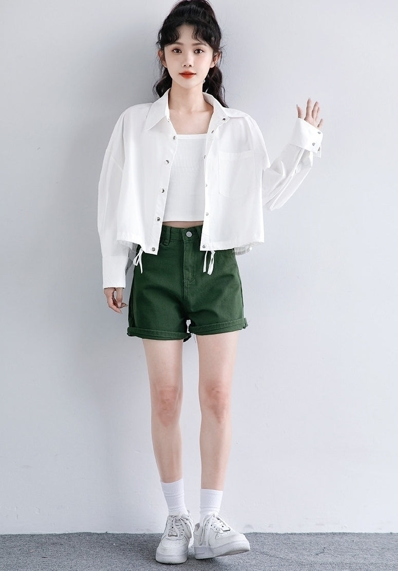 Spring Casual White Shirt Jacket Loose Cropped Long Sleeve