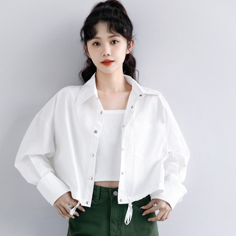 Spring Casual White Shirt Jacket Loose Cropped Long Sleeve