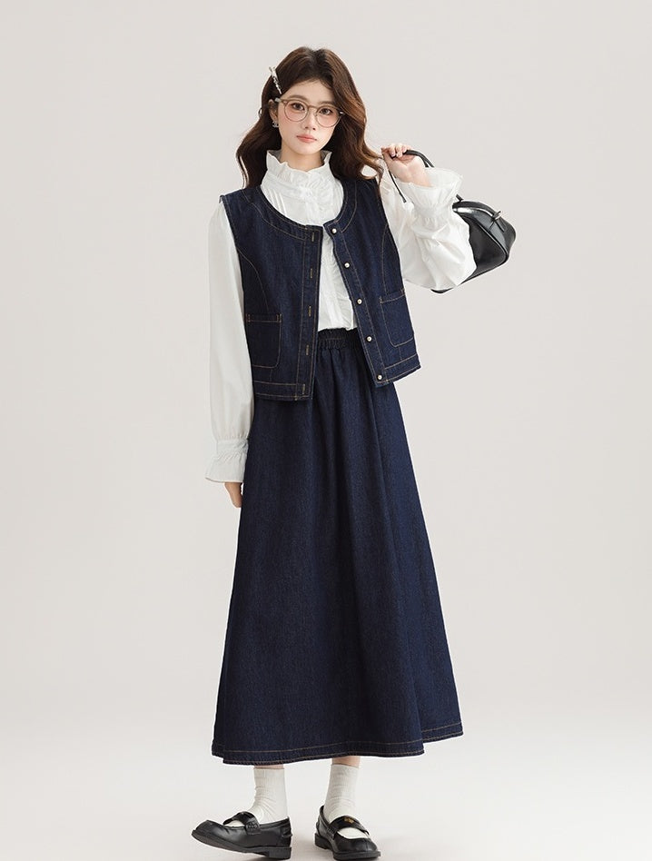 Spring Denim Vest Dress Set For Petite Style