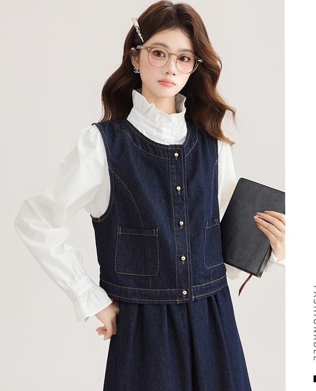 Spring Denim Vest Dress Set For Petite Style