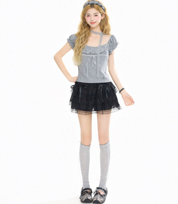 Square Neck Polka Dot Embroidered Puff Sleeve Top