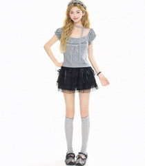 Square Neck Polka Dot Embroidered Puff Sleeve Top