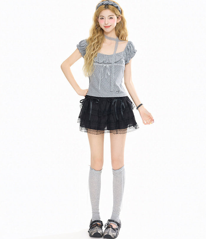 Square Neck Polka Dot Embroidered Puff Sleeve Top