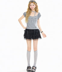 Square Neck Polka Dot Embroidered Puff Sleeve Top