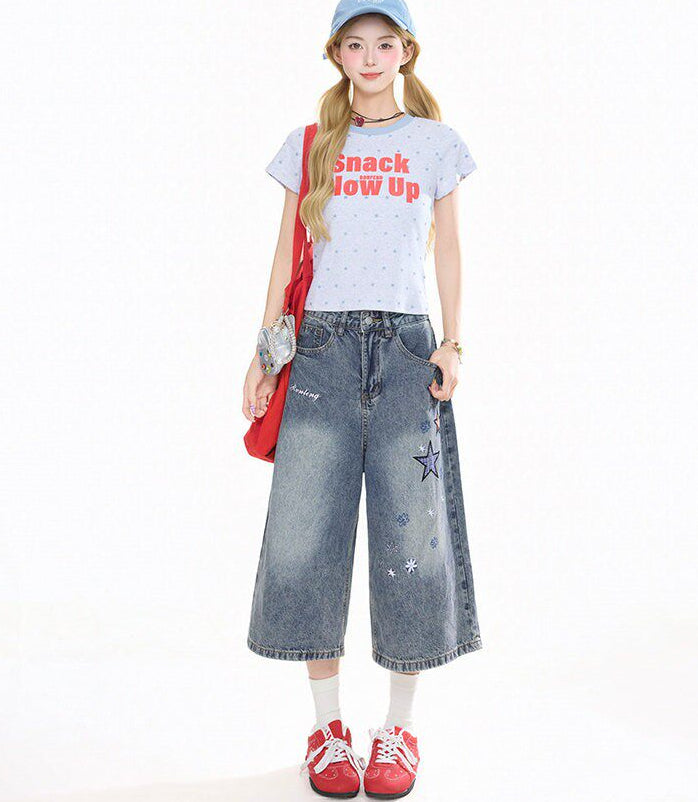 Star Patch Cropped Denim Pants