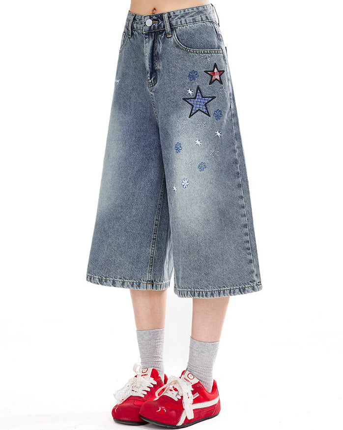 Star Patch Cropped Denim Pants