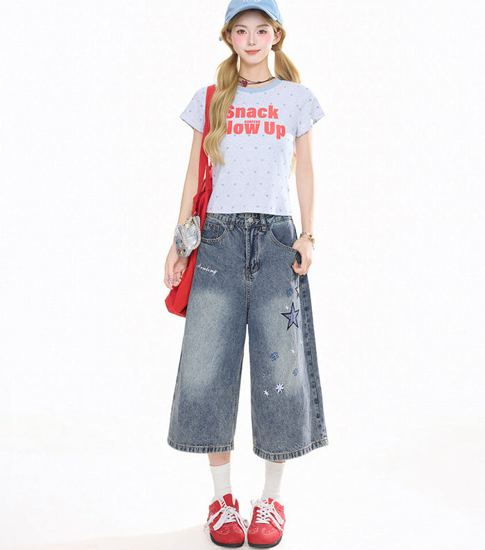 Star Patch Cropped Denim Pants