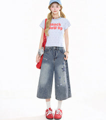 Star Patch Cropped Denim Pants