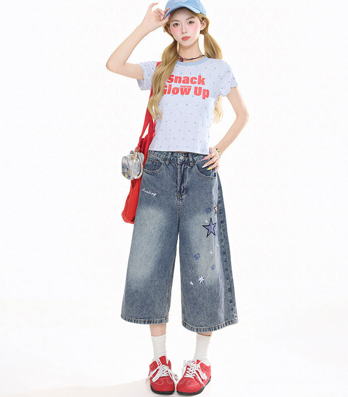 Star Patch Cropped Denim Pants