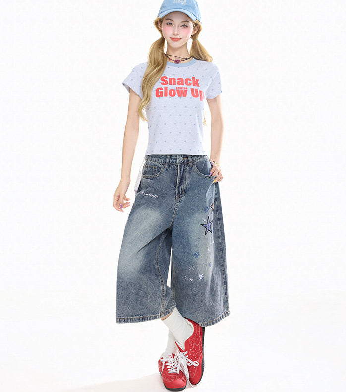 Star Patch Cropped Denim Pants