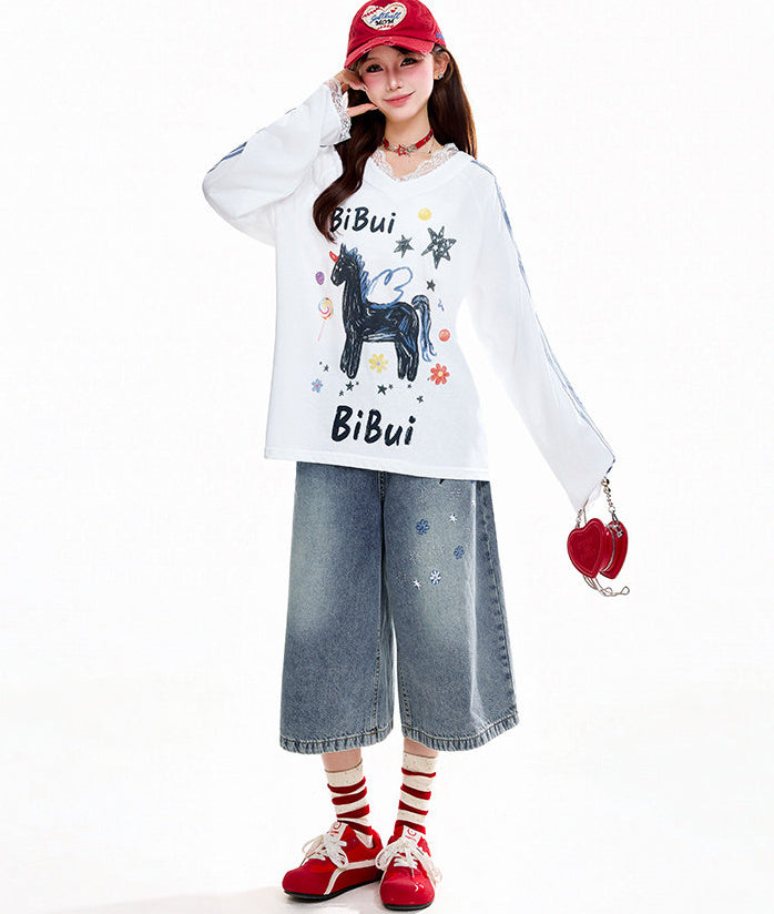 Star Patch Cropped Denim Pants