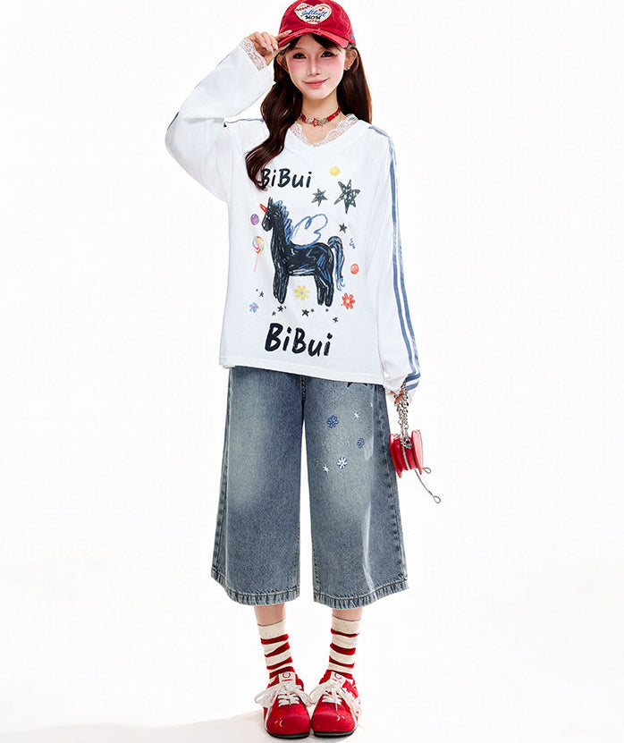 Star Patch Cropped Denim Pants