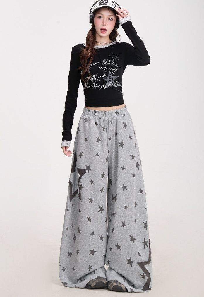 Star Print Wide Leg Layered Look Casual Sweatpants