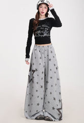 Star Print Wide Leg Layered Look Casual Sweatpants