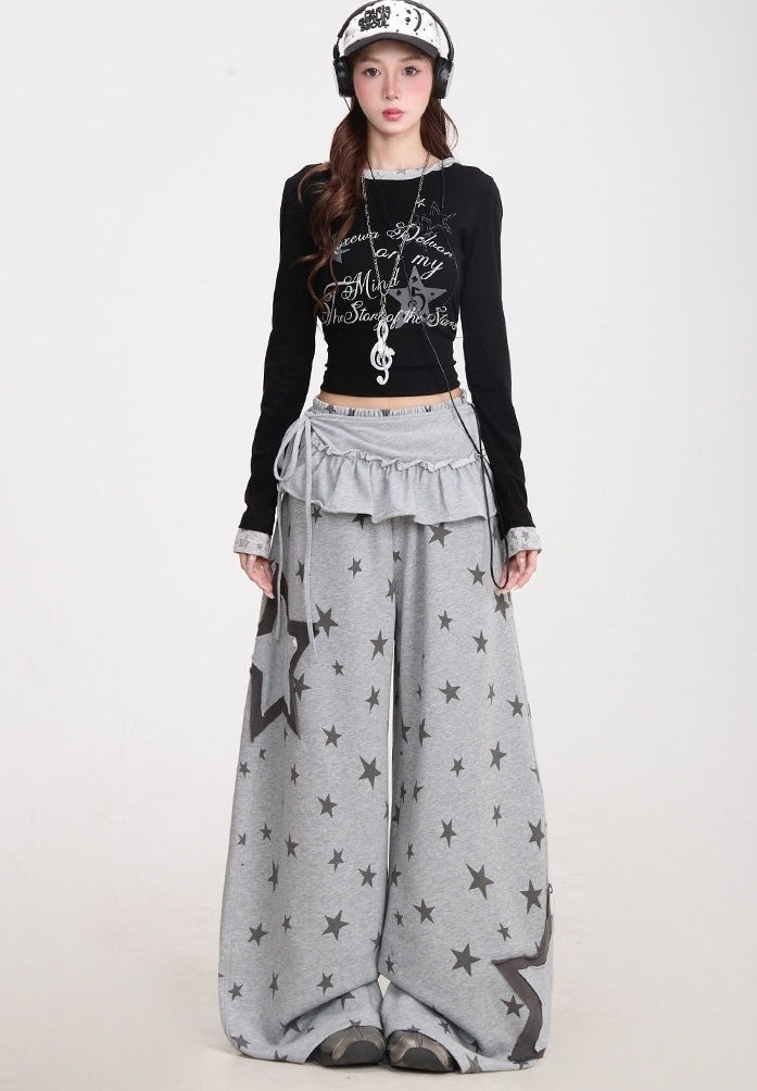 Star Print Wide Leg Layered Look Casual Sweatpants
