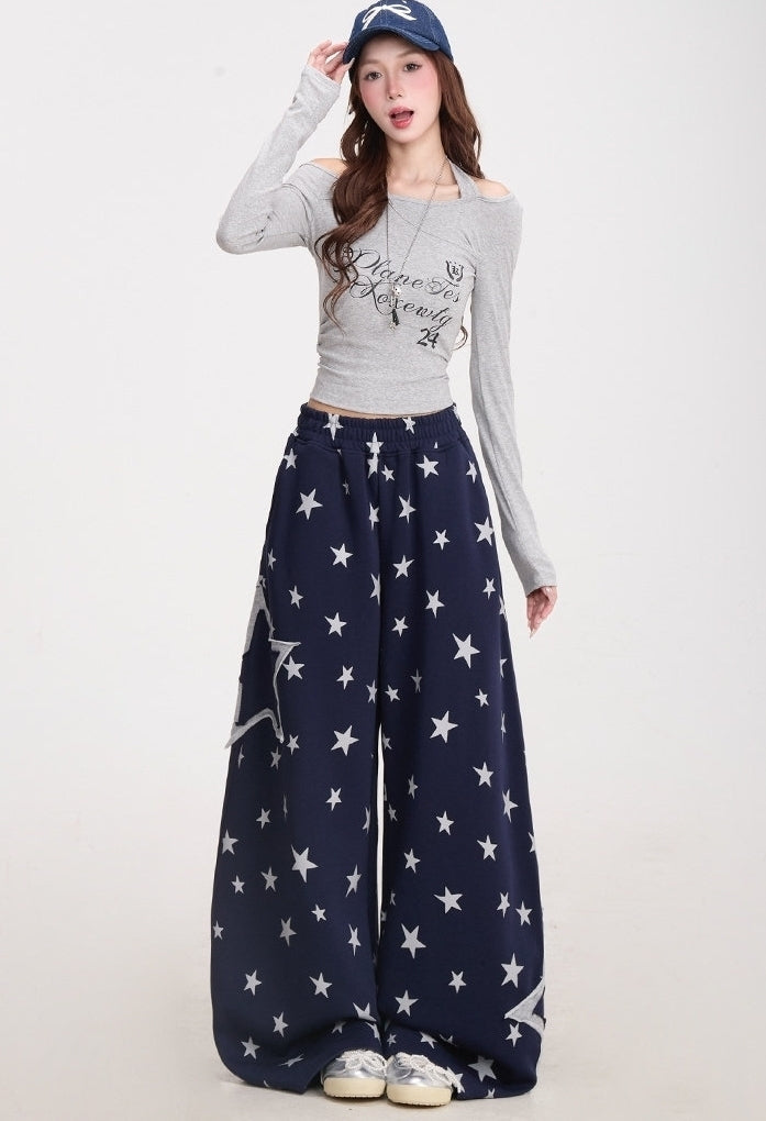 Star Print Wide Leg Layered Look Casual Sweatpants