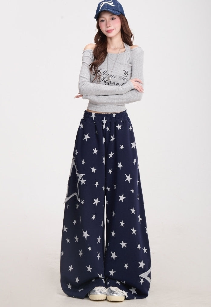 Star Print Wide Leg Layered Look Casual Sweatpants