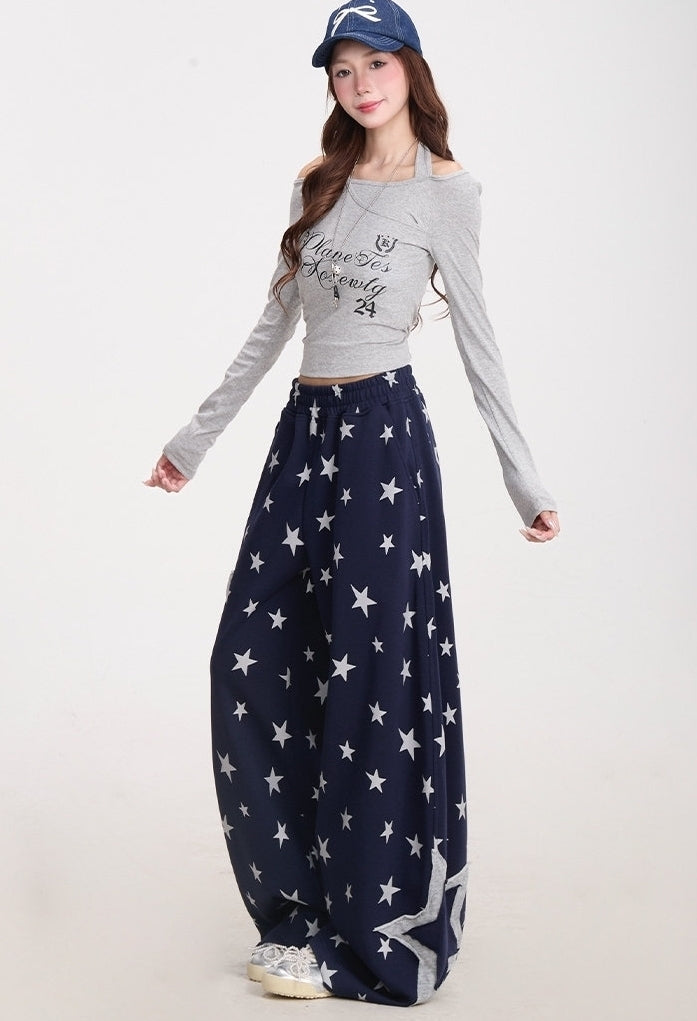 Star Print Wide Leg Layered Look Casual Sweatpants