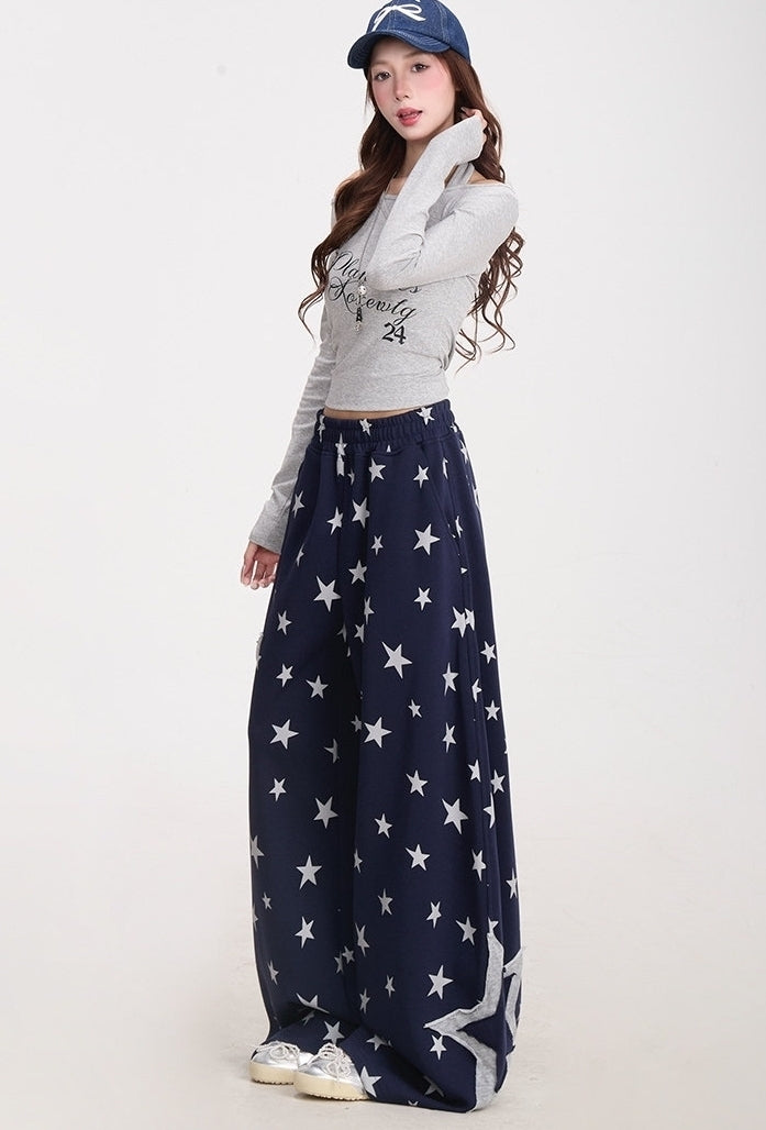 Star Print Wide Leg Layered Look Casual Sweatpants