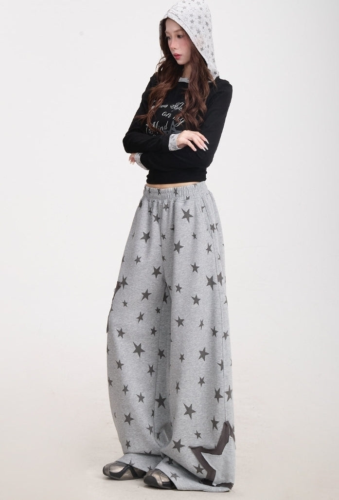 Star Print Wide Leg Layered Look Casual Sweatpants