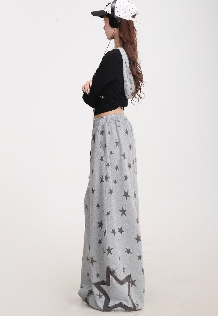 Star Print Wide Leg Layered Look Casual Sweatpants