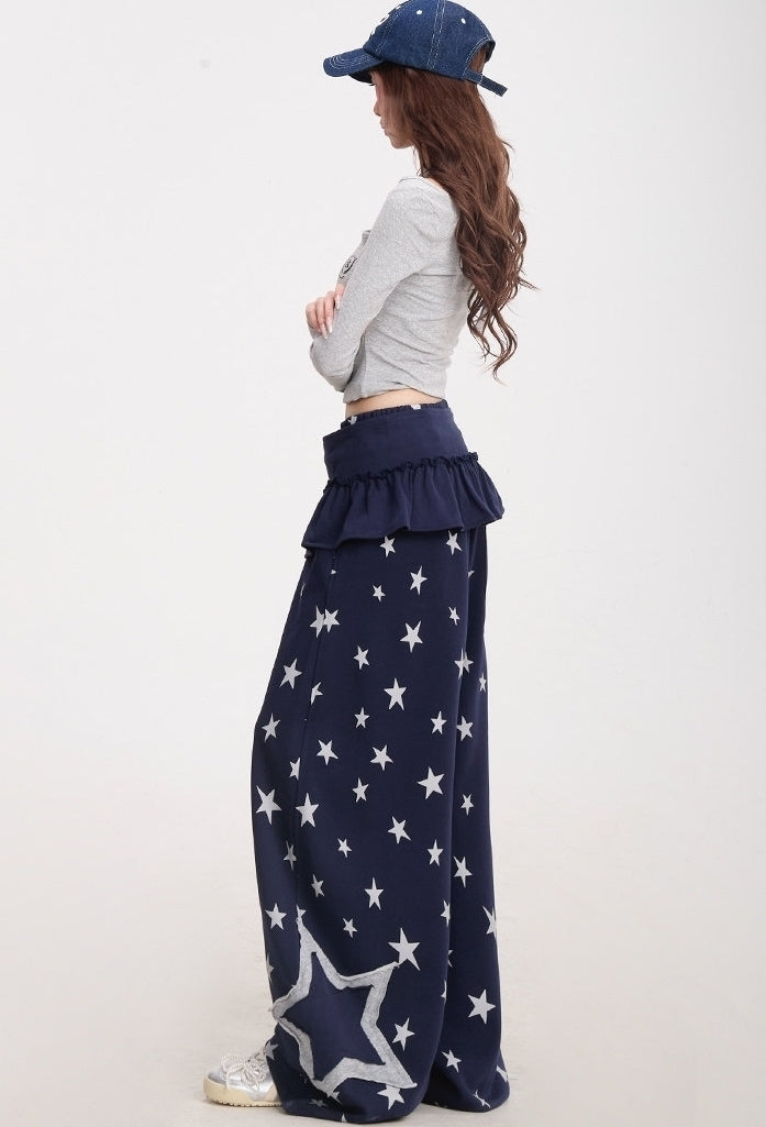 Star Print Wide Leg Layered Look Casual Sweatpants