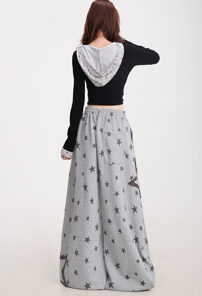 Star Print Wide Leg Layered Look Casual Sweatpants